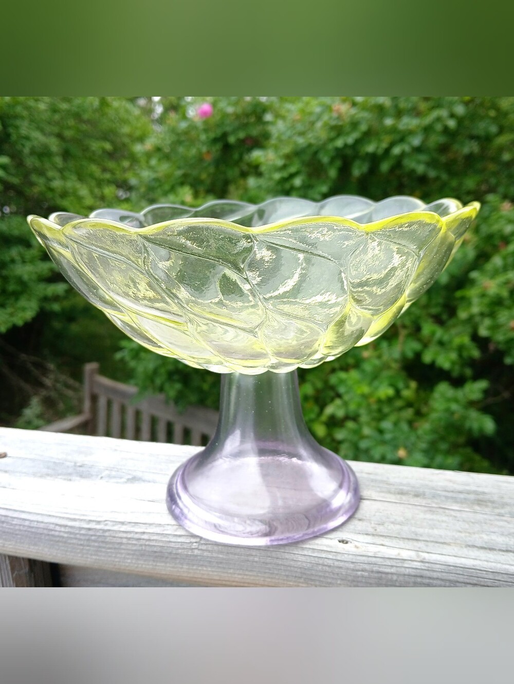 Vintage Yellow And Mauve Glass Pedestal Bowl - Decorative Home Art